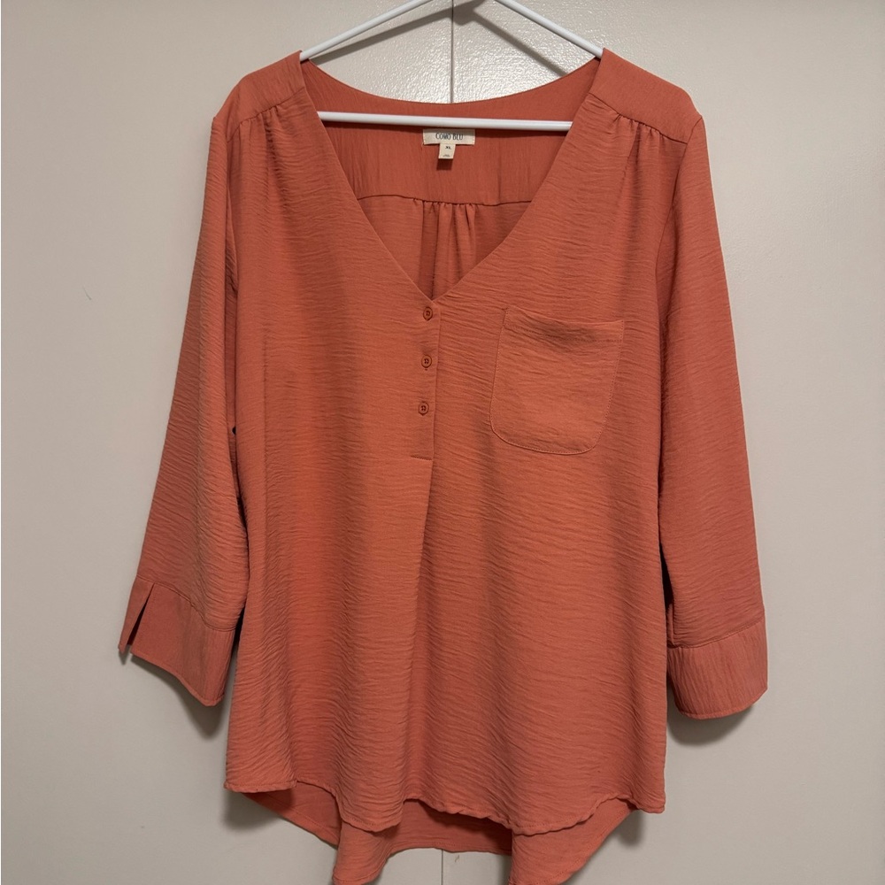 Women's V-Neck Button-Down Top - Coral